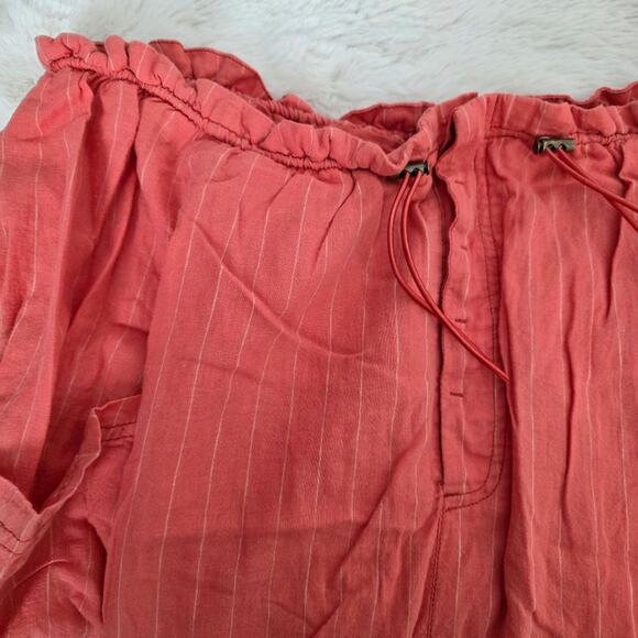 Free People Coral Orange Striped Linen Blend Midi Skirt Drawstring Pockets M - Picture 11 of 14